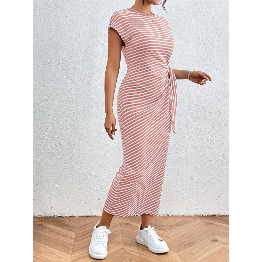 Tied Striped Round Neck Short Sleeve Tee Dress Blush Pink / S Apparel and Accessories