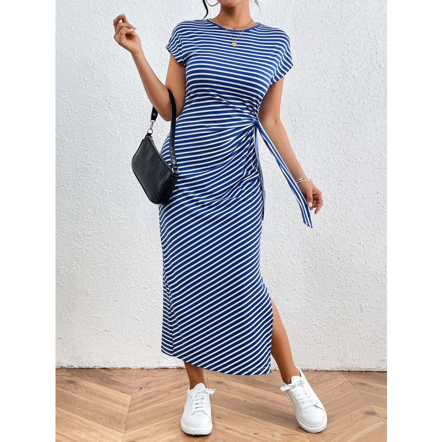 Tied Striped Round Neck Short Sleeve Tee Dress Dusty Blue / S Apparel and Accessories