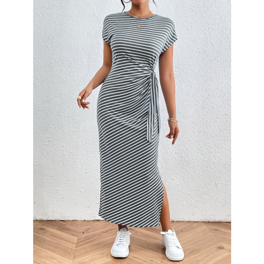 Tied Striped Round Neck Short Sleeve Tee Dress Gray / S Apparel and Accessories