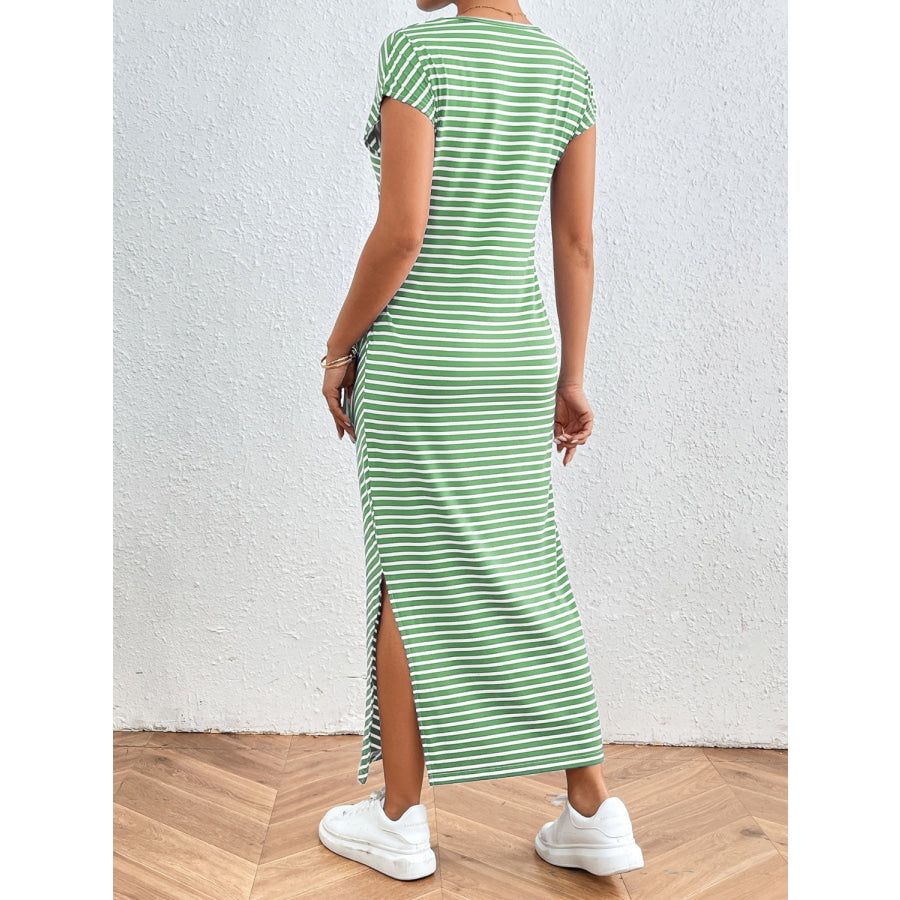 Tied Striped Round Neck Short Sleeve Tee Dress Gum Leaf / S Apparel and Accessories