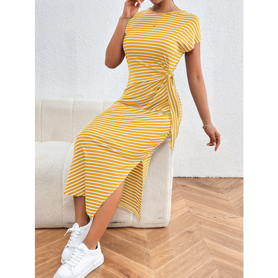 Tied Striped Round Neck Short Sleeve Tee Dress Yellow / S Apparel and Accessories