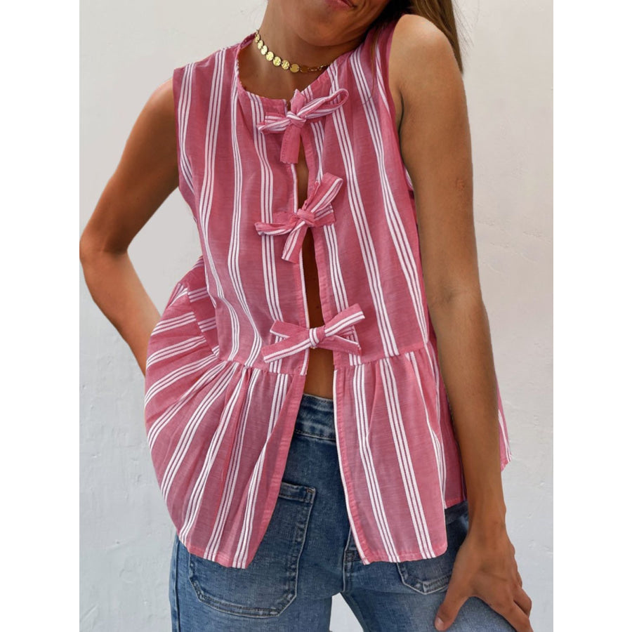 Tied Striped Round Neck Tank Fuchsia Pink / S Apparel and Accessories