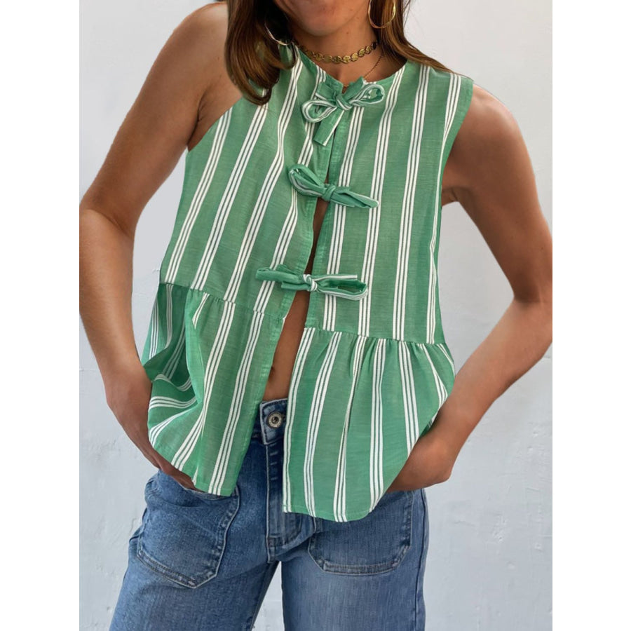 Tied Striped Round Neck Tank Green / S Apparel and Accessories