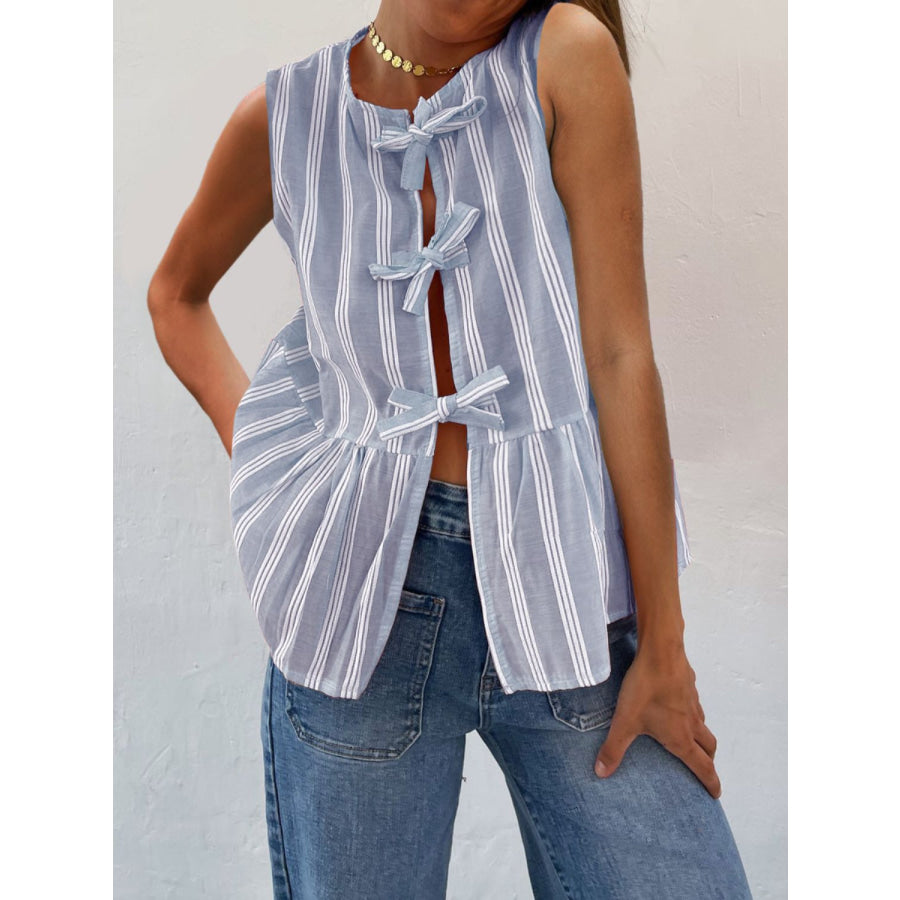 Tied Striped Round Neck Tank Light Blue / S Apparel and Accessories