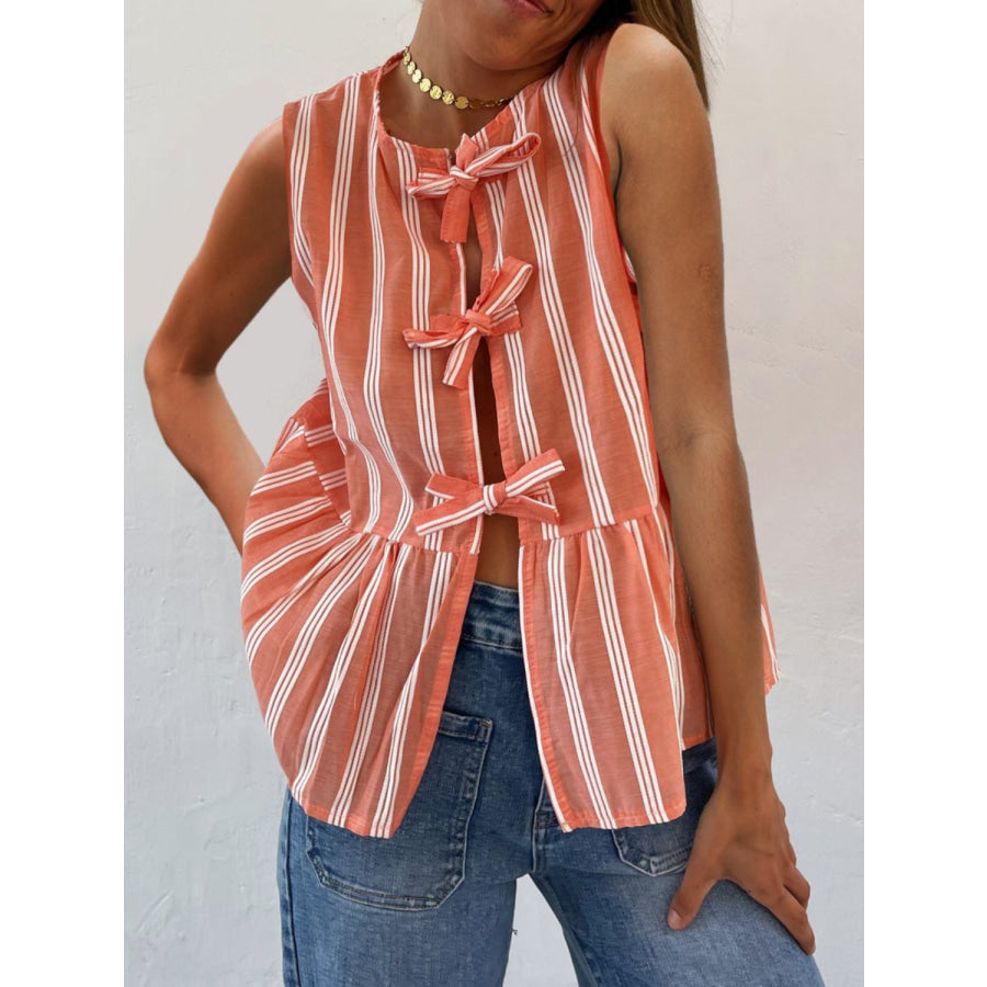 Tied Striped Round Neck Tank Orange / S Apparel and Accessories