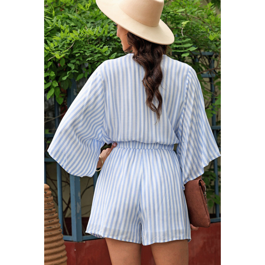 Tied Striped Three - Quarter Sleeve Romper Apparel and Accessories