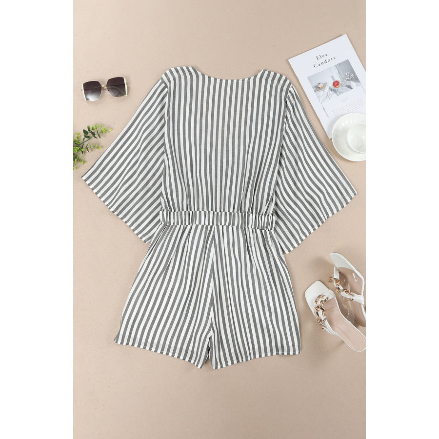 Tied Striped Three - Quarter Sleeve Romper Apparel and Accessories