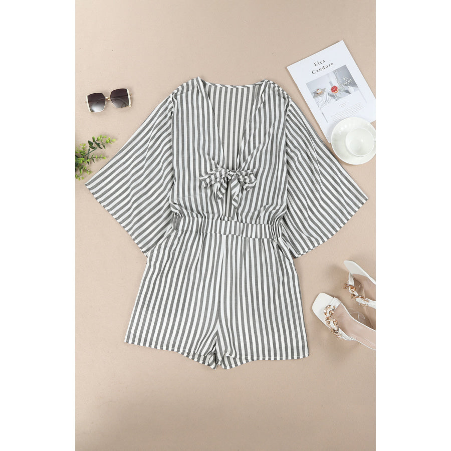 Tied Striped Three - Quarter Sleeve Romper Charcoal / S Apparel and Accessories