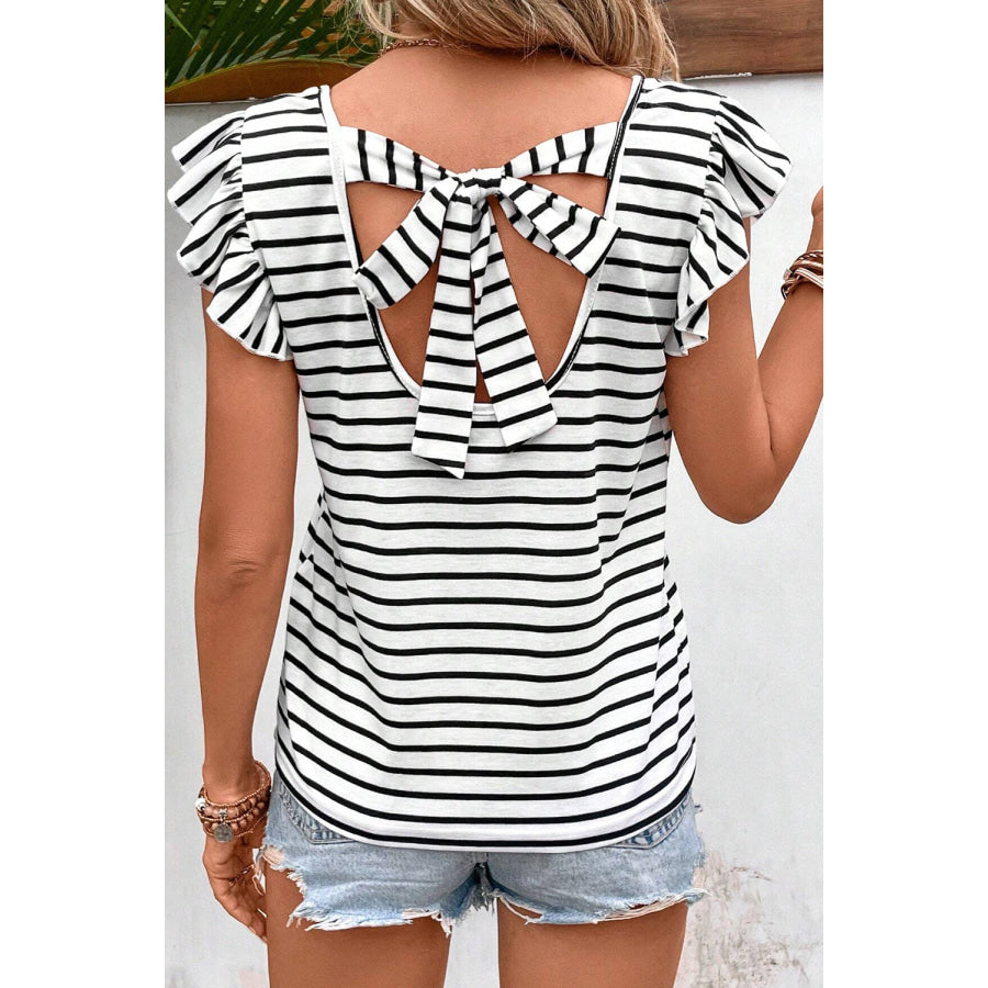 Tied Striped V - Neck Cap Sleeve T - Shirt Stripe / S Apparel and Accessories