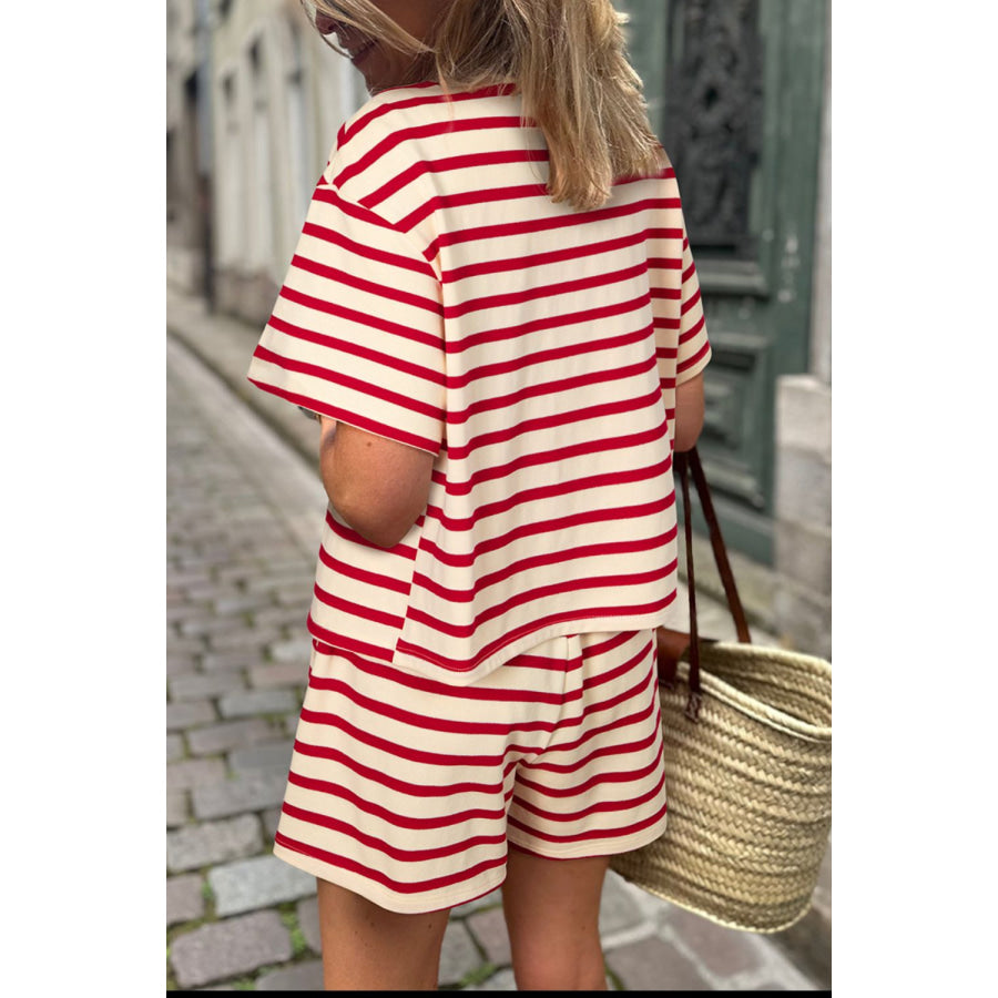 Tied Striped V-Neck Top and Shorts Set Deep Red / S Apparel and Accessories