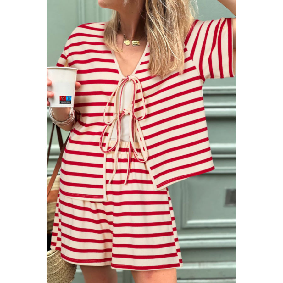 Tied Striped V-Neck Top and Shorts Set Deep Red / S Apparel and Accessories