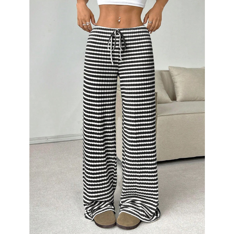 Tied Striped Wide Leg Pants Black / S Apparel and Accessories