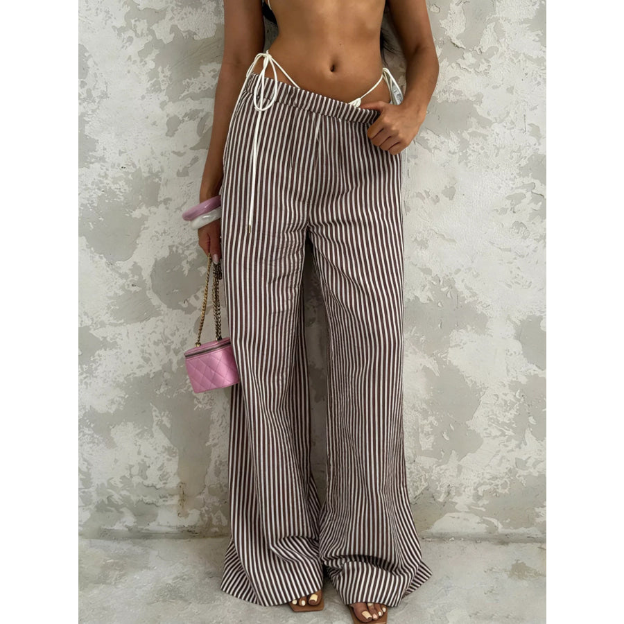 Tied Striped Wide Leg Pants Brown / S Apparel and Accessories