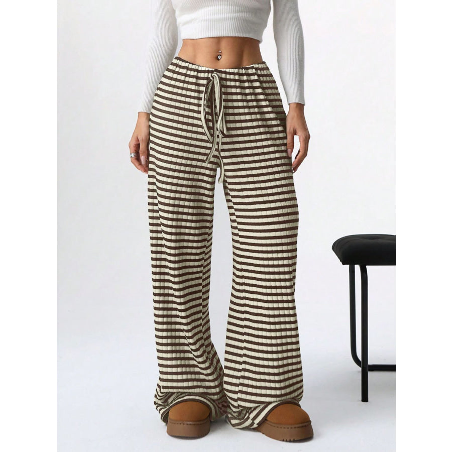 Tied Striped Wide Leg Pants Taupe / S Apparel and Accessories