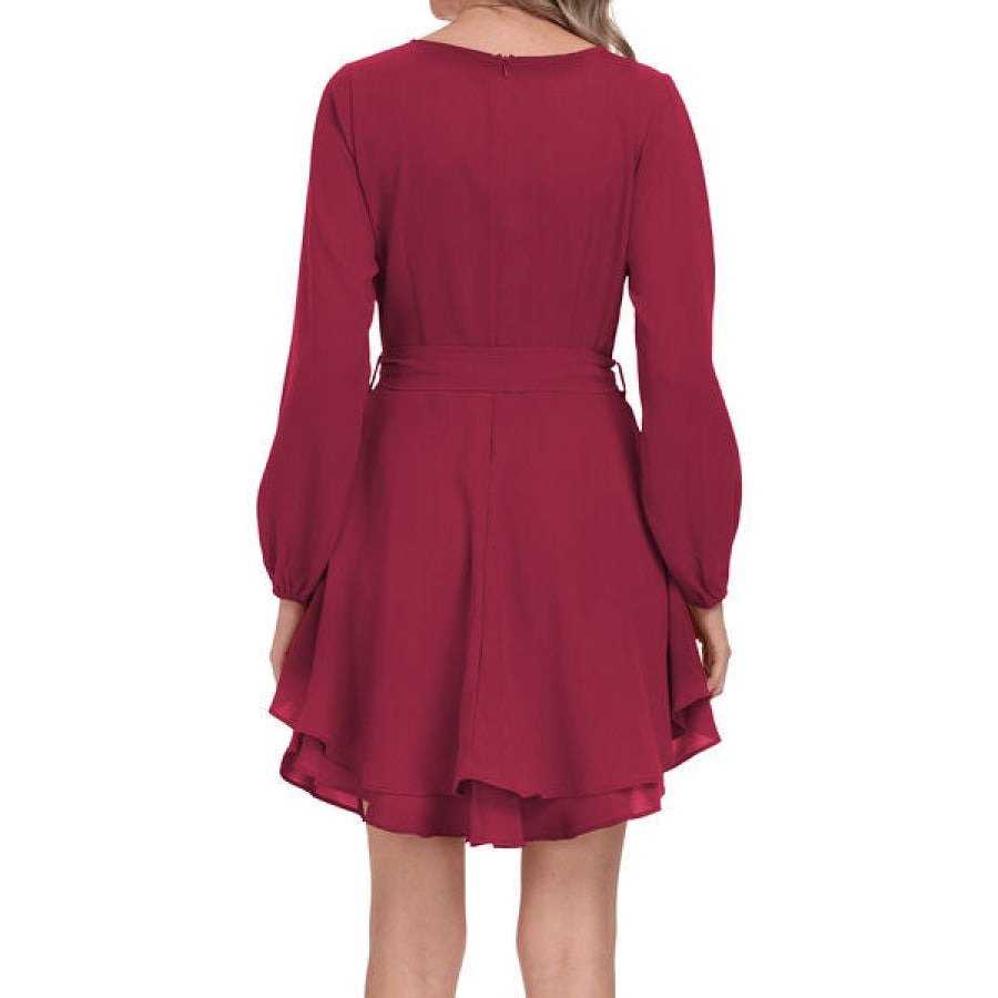 Tied Surplice Balloon Sleeve Layered Dress Wine / S Clothing