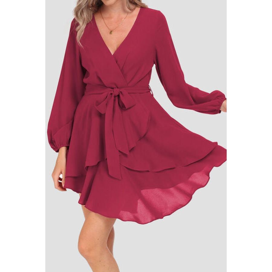 Tied Surplice Balloon Sleeve Layered Dress Clothing