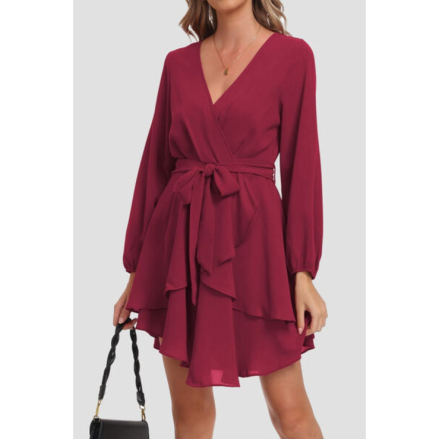 Tied Surplice Balloon Sleeve Layered Dress Wine / S Clothing