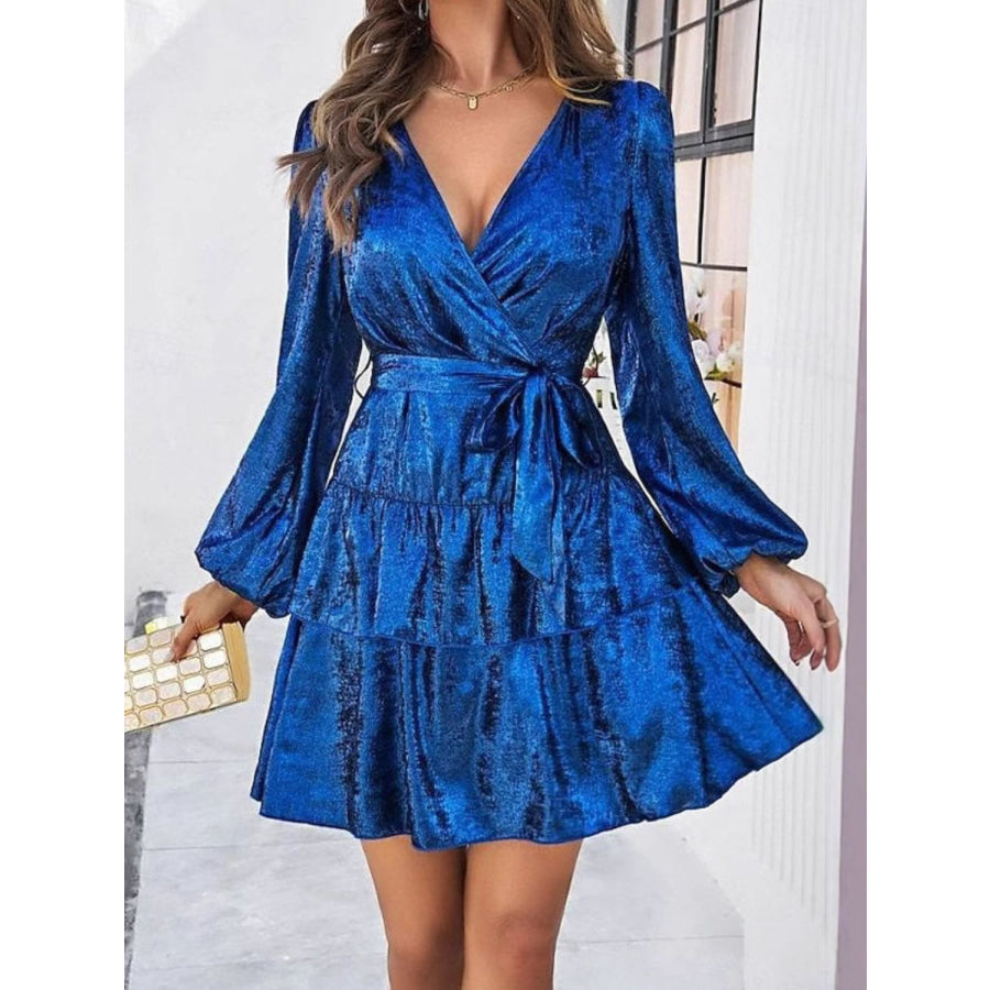 Tied Surplice Long Sleeve Dress Navy / S Apparel and Accessories