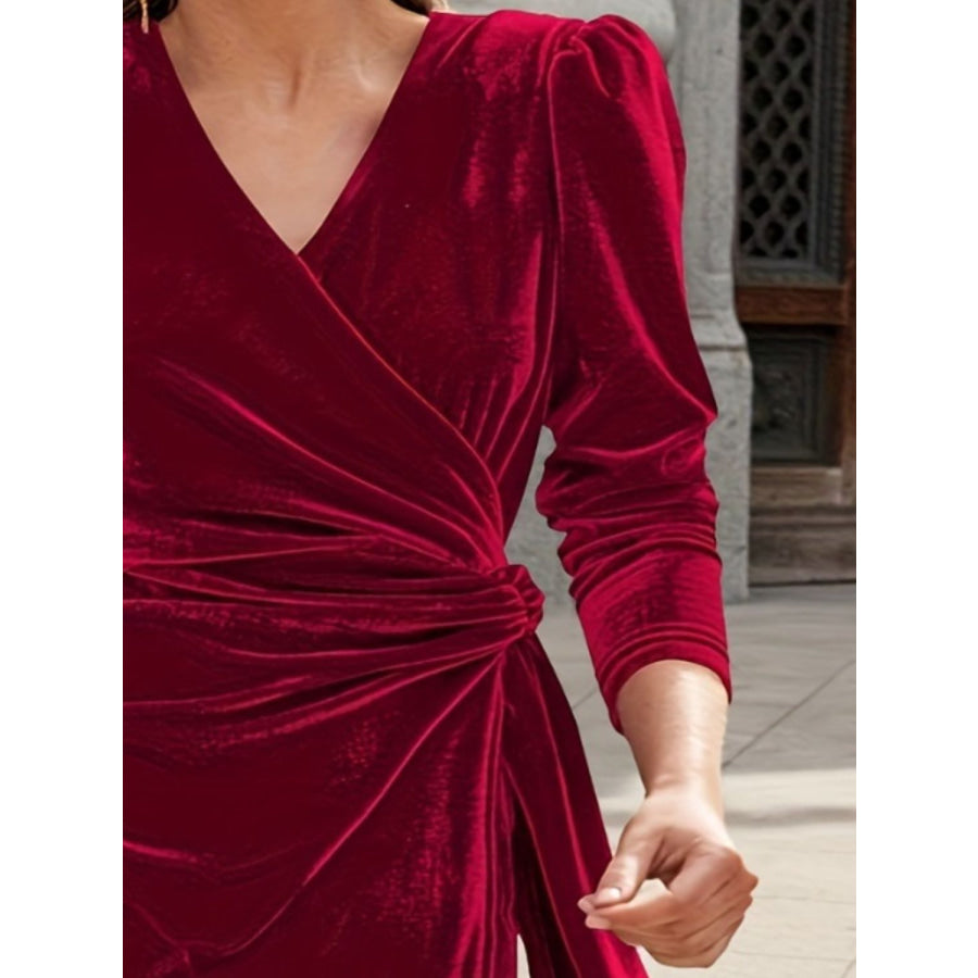 Tied Surplice Long Sleeve Midi Dress Apparel and Accessories