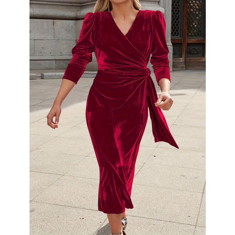 Tied Surplice Long Sleeve Midi Dress Burgundy / S Apparel and Accessories