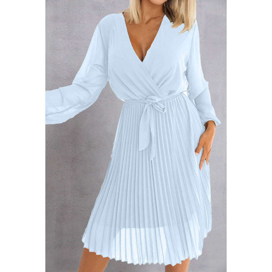 Tied Surplice Long Sleeve Pleated Dress Apparel and Accessories