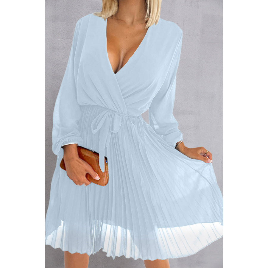 Tied Surplice Long Sleeve Pleated Dress Misty Blue / S Apparel and Accessories