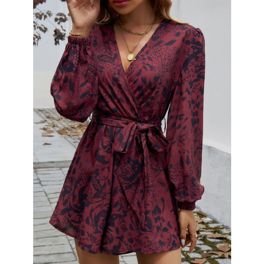 Tied Surplice Long Sleeve Romper Dark Brown / S Apparel and Accessories