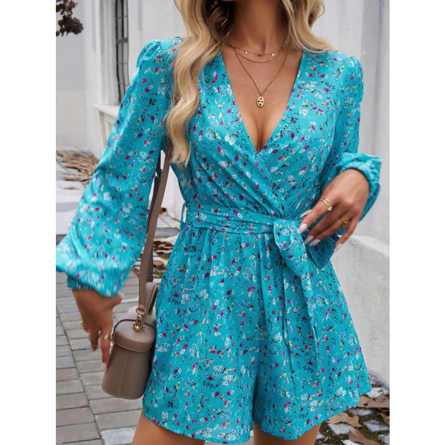 Tied Surplice Long Sleeve Romper Pastel Blue / S Apparel and Accessories