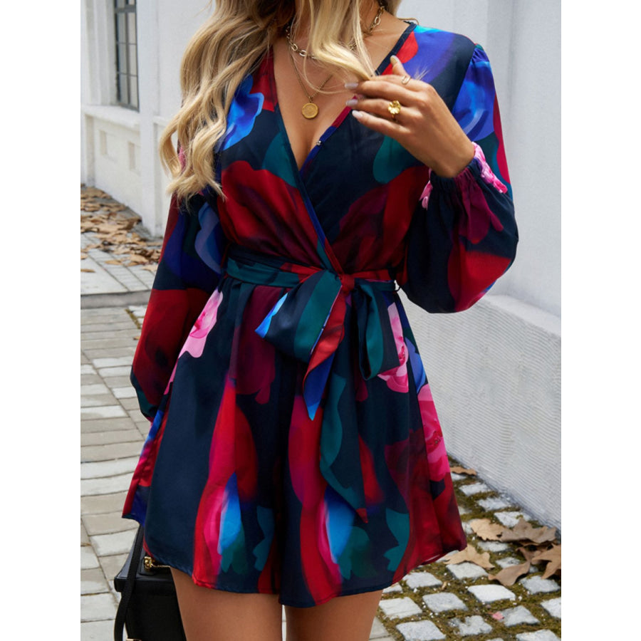 Tied Surplice Long Sleeve Romper Scarlet / S Apparel and Accessories