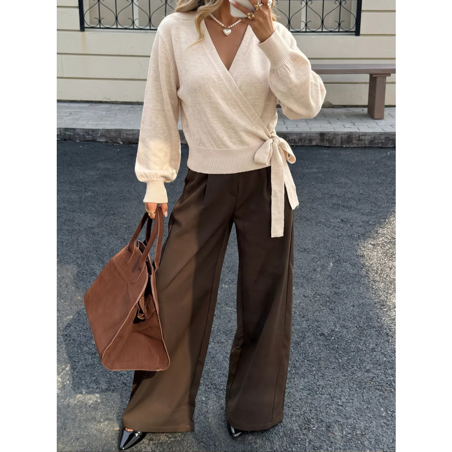 Tied Surplice Long Sleeve Sweater Apparel and Accessories