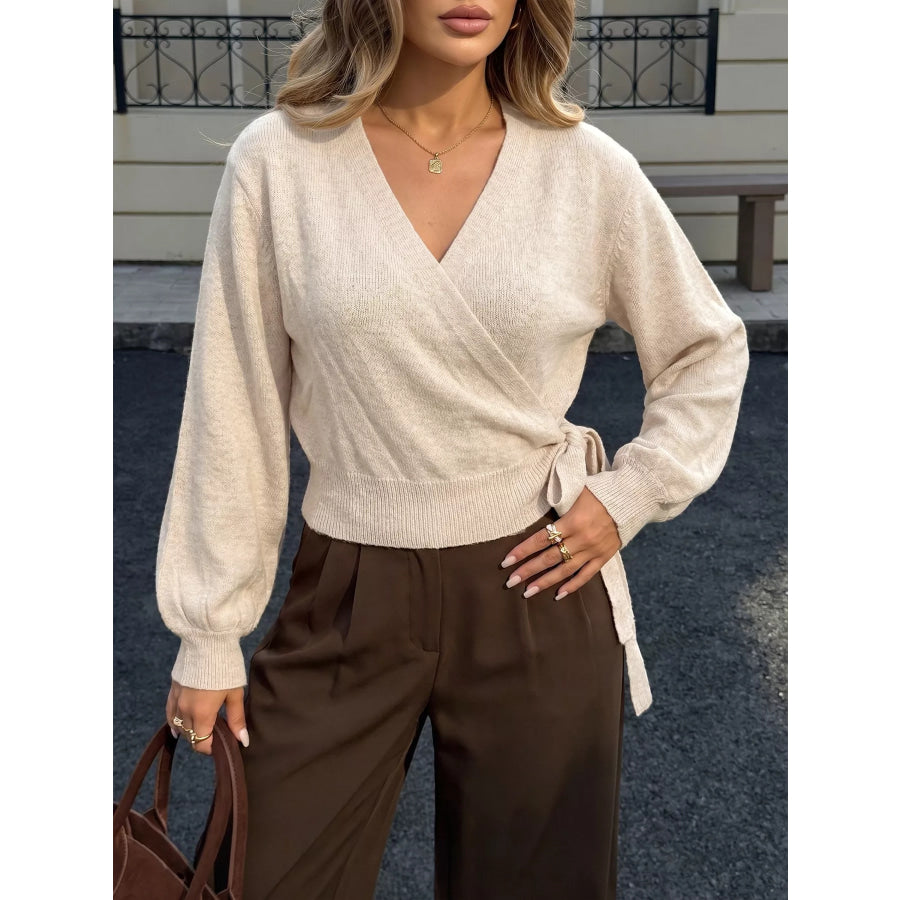 Tied Surplice Long Sleeve Sweater Apparel and Accessories