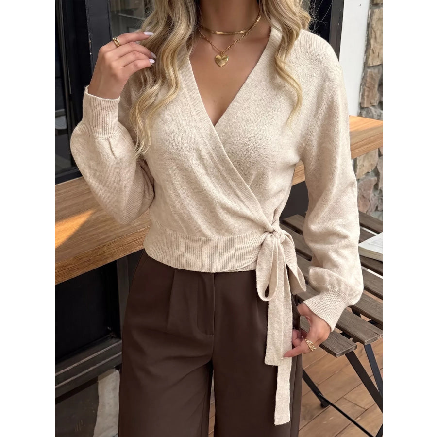 Tied Surplice Long Sleeve Sweater Apparel and Accessories