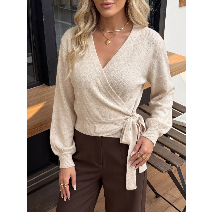 Tied Surplice Long Sleeve Sweater Apricot / S Apparel and Accessories