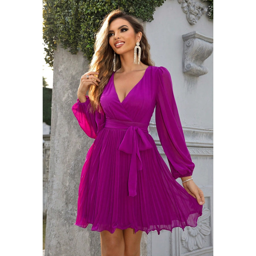 Tied Surplice Neck Pleated Dress