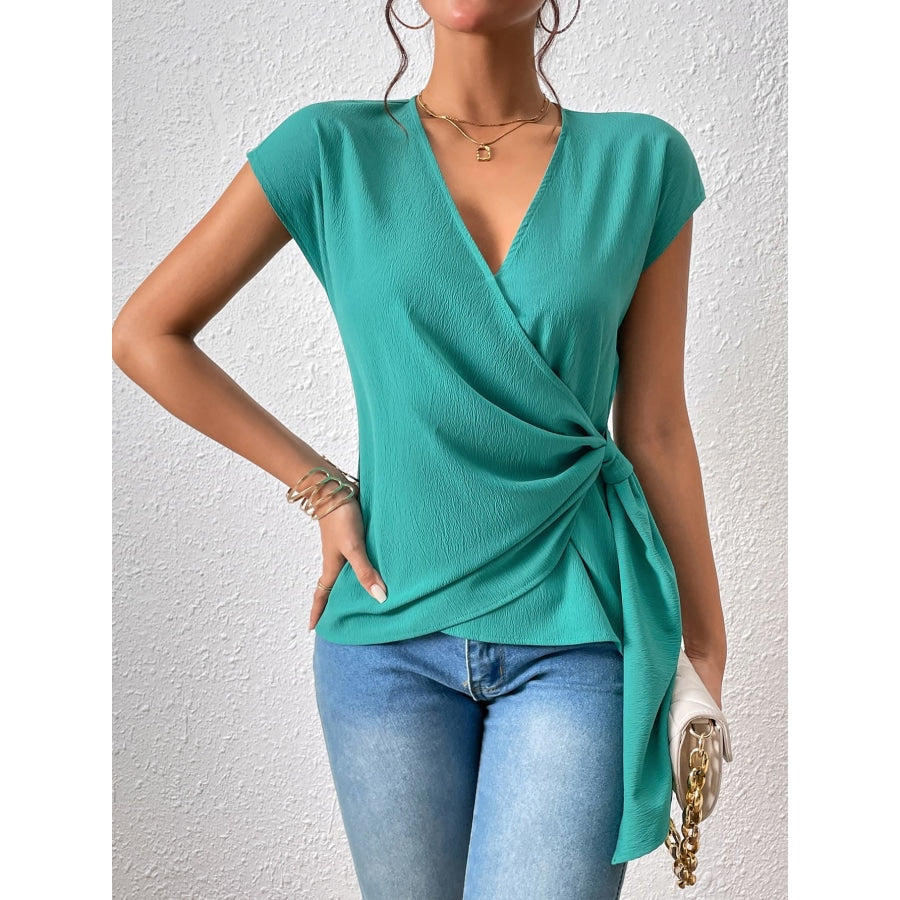 Tied Surplice Neck Short Sleeve Blouse Teal / S