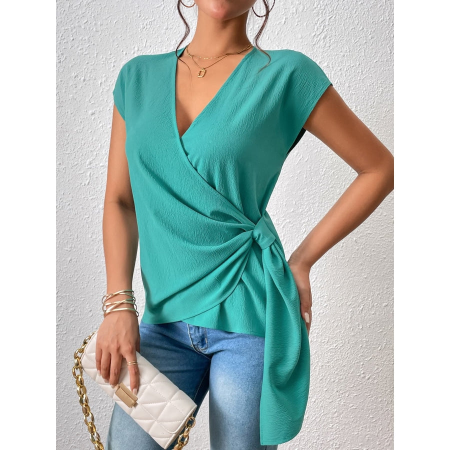 Tied Surplice Neck Short Sleeve Blouse