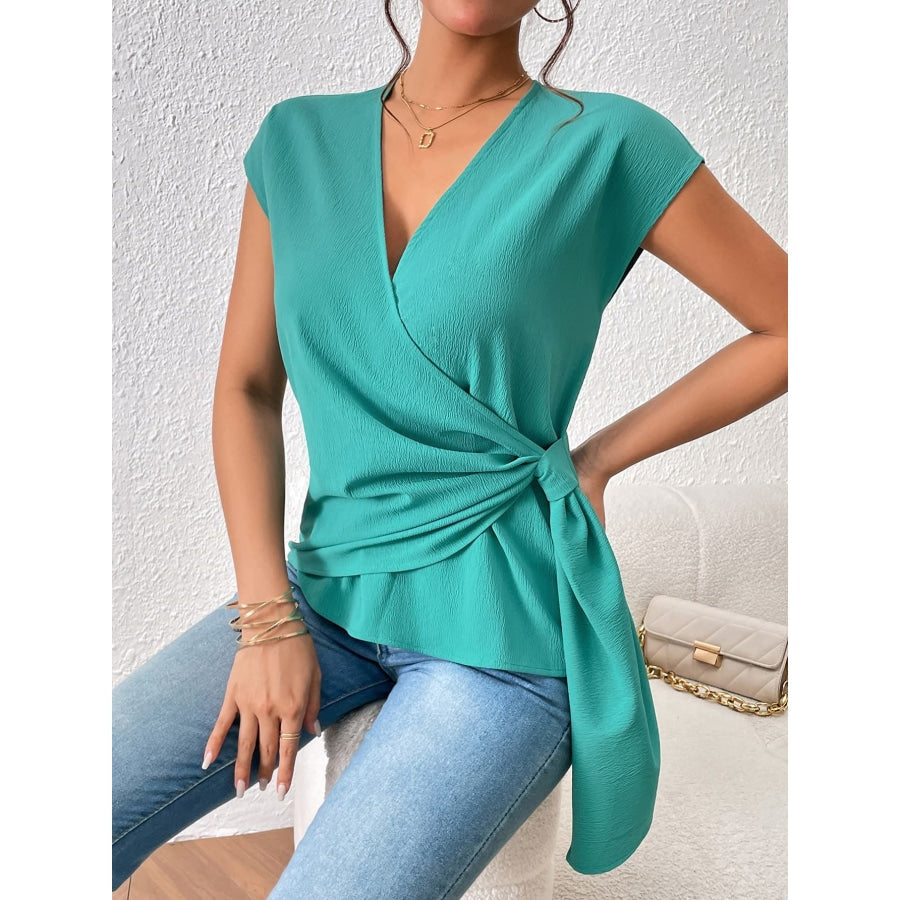 Tied Surplice Neck Short Sleeve Blouse