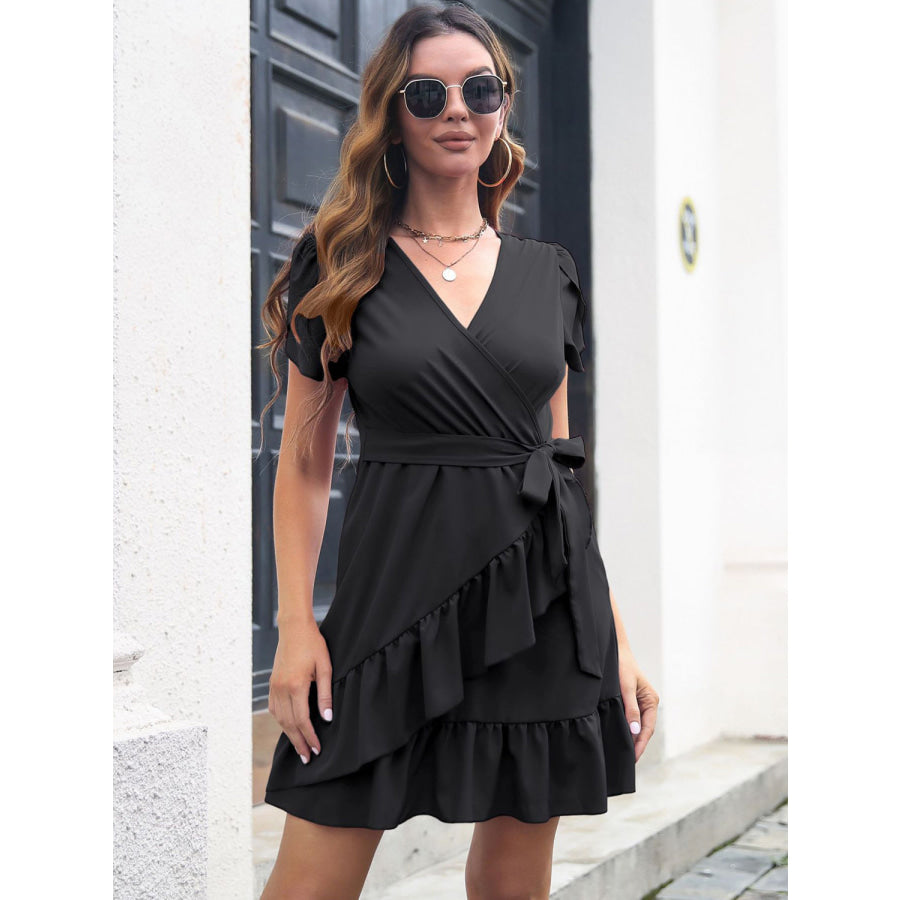 Tied Surplice Short Sleeve Dress Apparel and Accessories