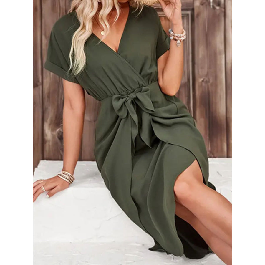 Tied Surplice Short Sleeve Dress Apparel and Accessories