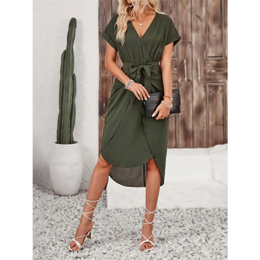 Tied Surplice Short Sleeve Dress Apparel and Accessories