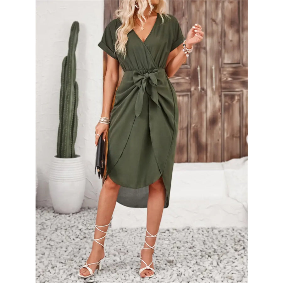 Tied Surplice Short Sleeve Dress Army Green / S Apparel and Accessories