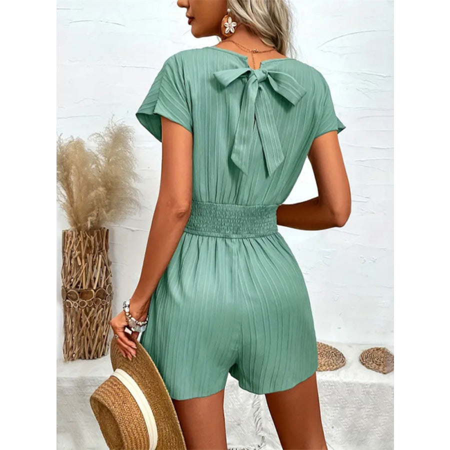 Tied Surplice Short Sleeve Romper Air Force Blue / S Apparel and Accessories