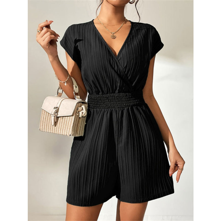 Tied Surplice Short Sleeve Romper Black / S Apparel and Accessories