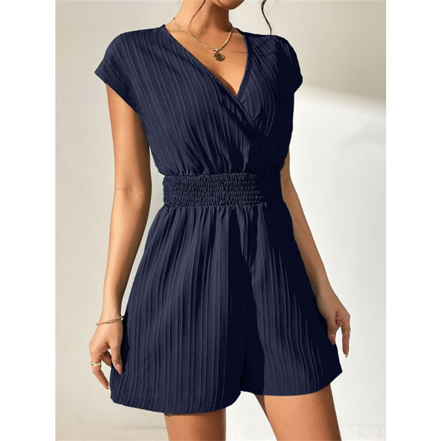 Tied Surplice Short Sleeve Romper Navy / S Apparel and Accessories