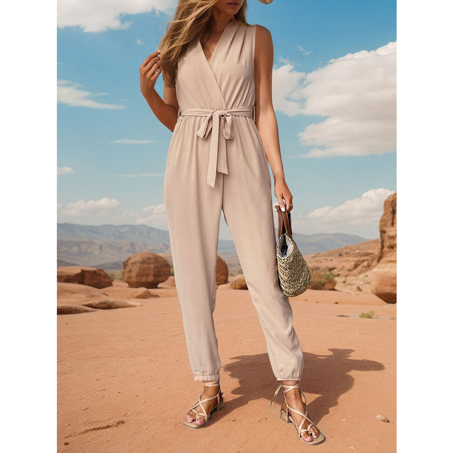 Tied Surplice Sleeveless Jumpsuit Sand / S Apparel and Accessories