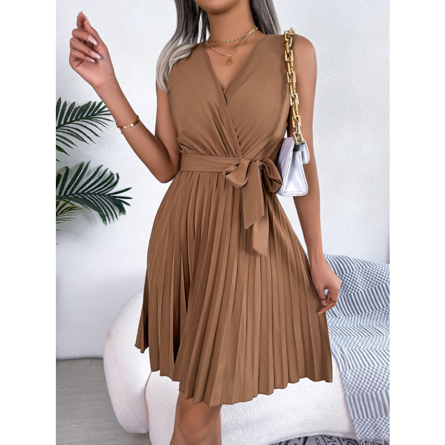 Tied Surplice Sleeveless Pleated Dress Apparel and Accessories