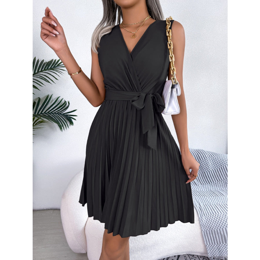 Tied Surplice Sleeveless Pleated Dress Apparel and Accessories