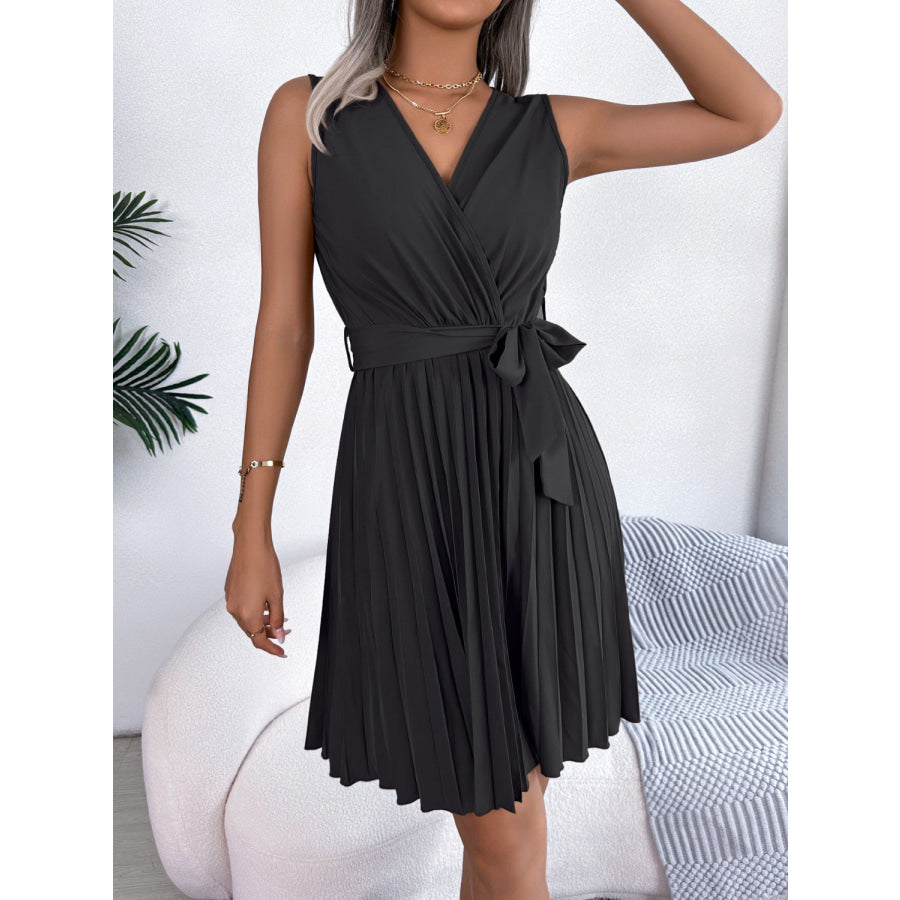 Tied Surplice Sleeveless Pleated Dress Apparel and Accessories