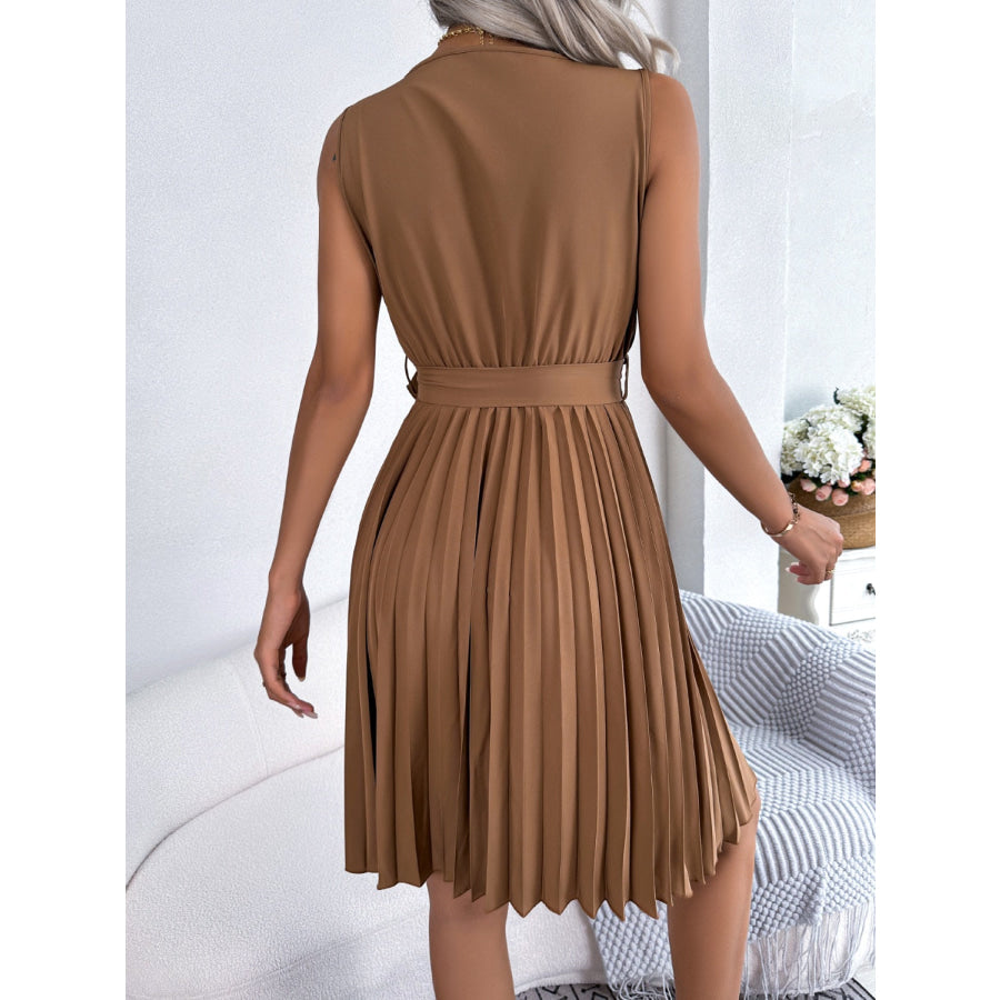 Tied Surplice Sleeveless Pleated Dress Apparel and Accessories