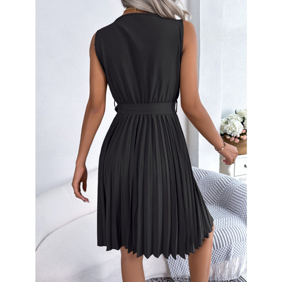 Tied Surplice Sleeveless Pleated Dress Apparel and Accessories